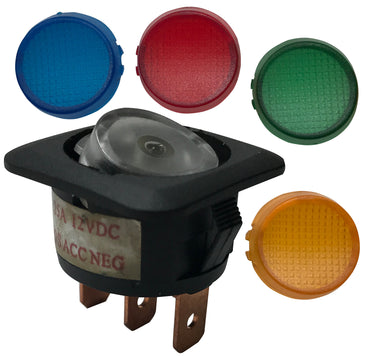 Illuminating Rocker Switch ON / OFF SPST 20A @ 12V W/ Replaceable Lens - Green Amber Blue Red